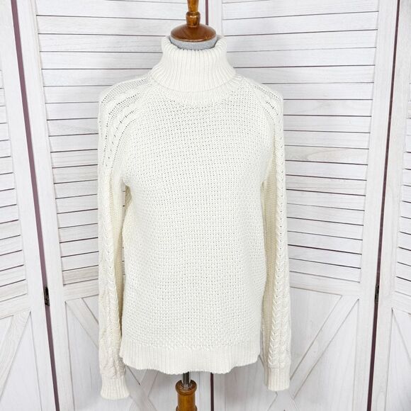 Lauren Ralph Lauren Waffle Cable Knit Turtleneck Sweater Cream Large Fisherman - Picture 1 of 11